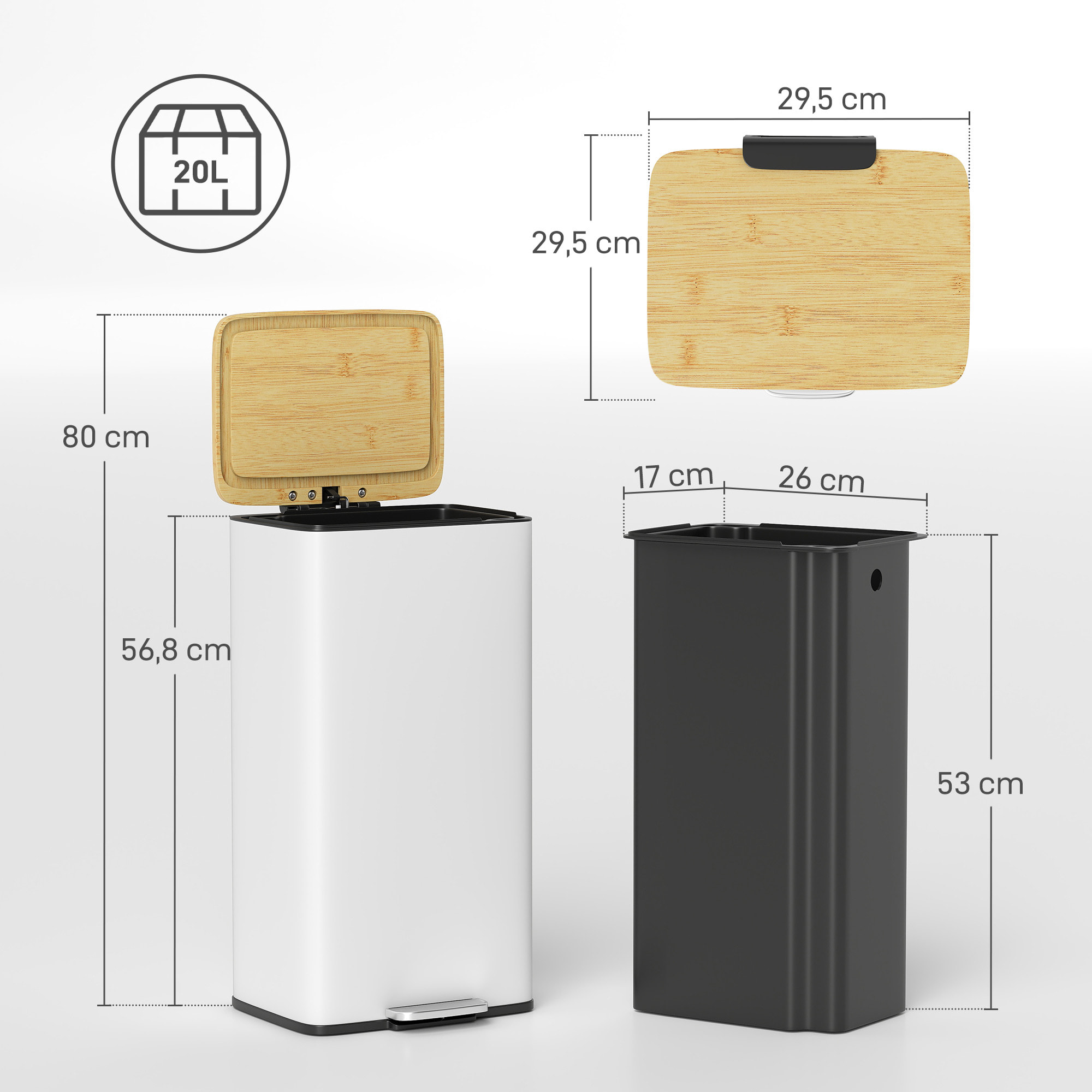 Cubo de Basura Cocina con Pedal, 20L, Tapa de Bambú de Cierre Suave, Papelera de Cocina con Cubo Interior Extraíble, Anti-Huellas, para Dormitorio, Salón, 29,5x29,5x56,8 cm, Blanco y Natural