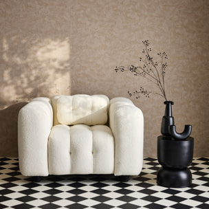 Fauteuil 1 place en bouclette texturée capitonné crème structure bois d'eucalyptus et contreplaqué