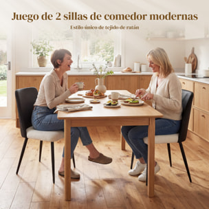 Juego de 2 Sillas de Comedor, Sillas de Cocina con Respaldo de PU de Imitación Ratán, Asiento Acolchado, Patas de Acero, para Salón, Negro y Beige