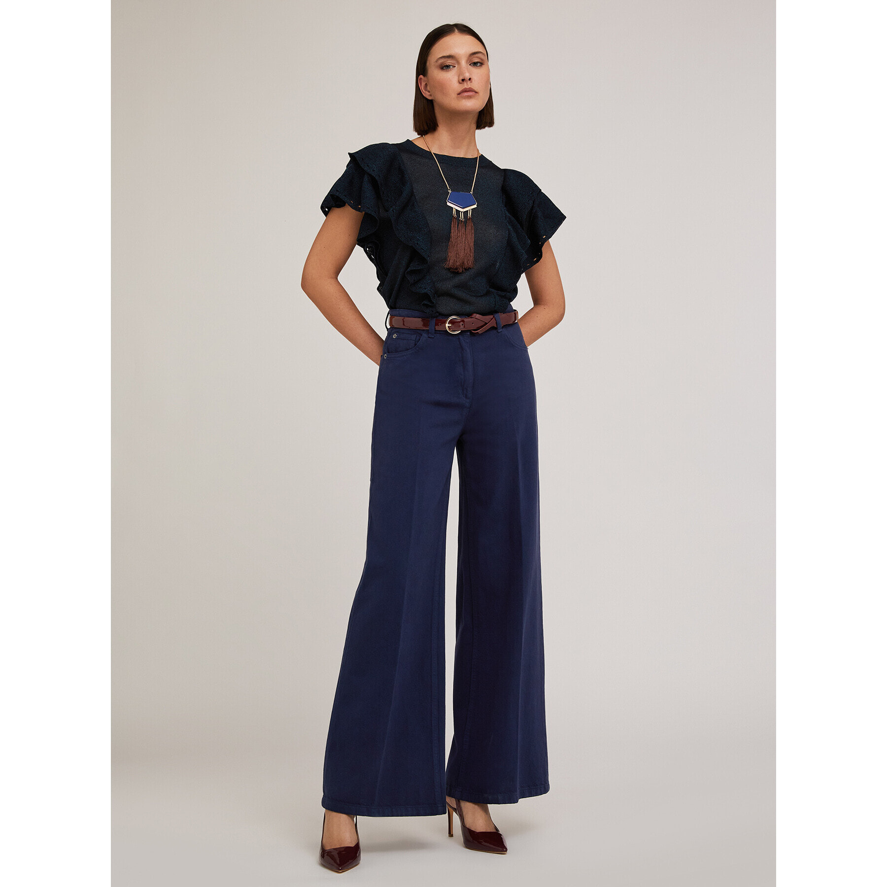 Motivi - Pantalón wide en drill de algodón - Azul