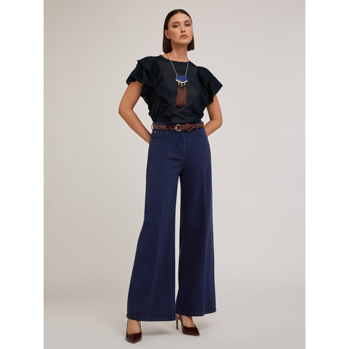 Motivi - Pantalón wide en drill de algodón - Azul
