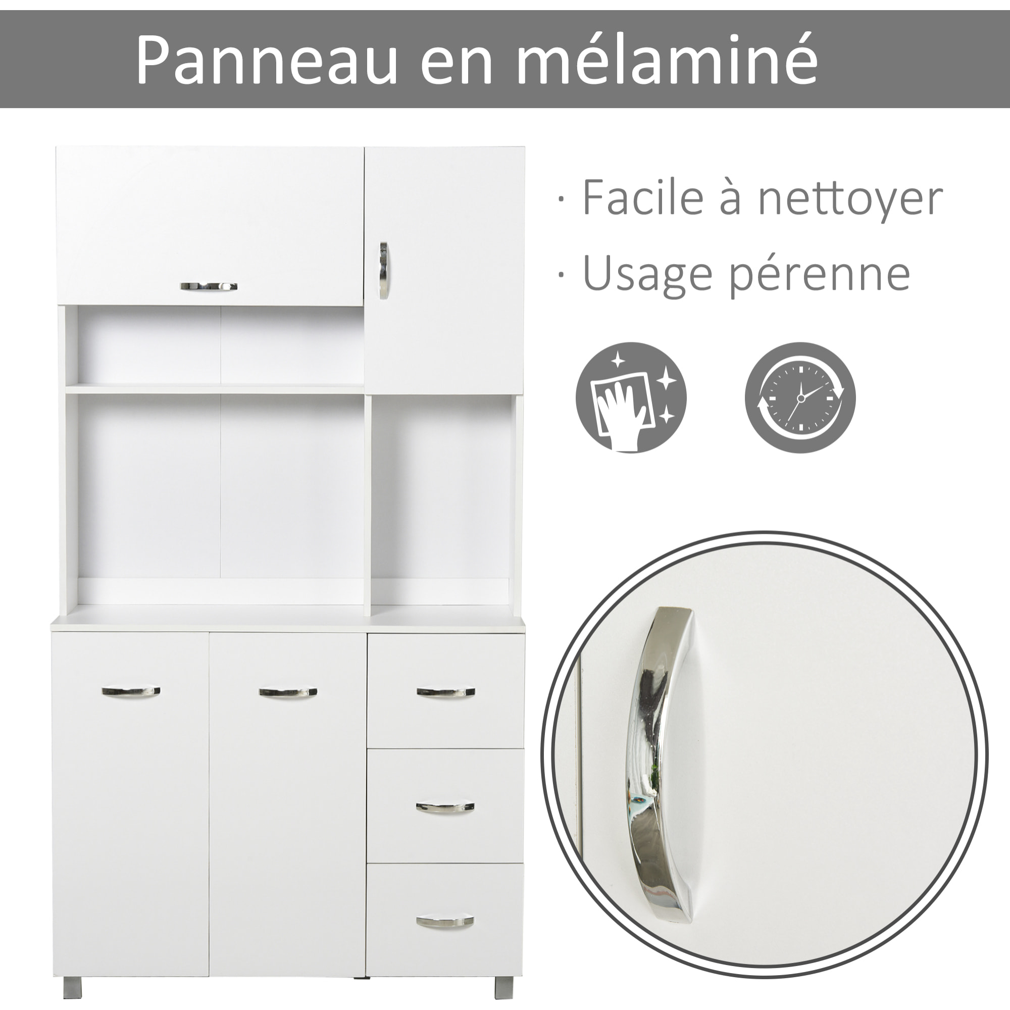 HOMCOM Armoire de cuisine multi-rangements 4 portes 3 tiroirs étagère + grand plateau 100L x 39l x 183H cm MDF blanc