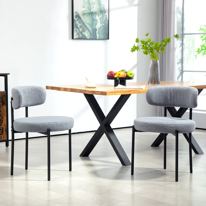 Lot de 2 chaises de salon style néo-rétro - assise ronde, dossier enveloppant - acier noir effet laine bouclée gris