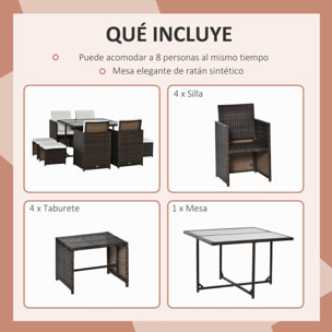 Conjunto de Muebles Jardín Comedor Apilable 9 Piezas de Ratán con Cojines Marrón