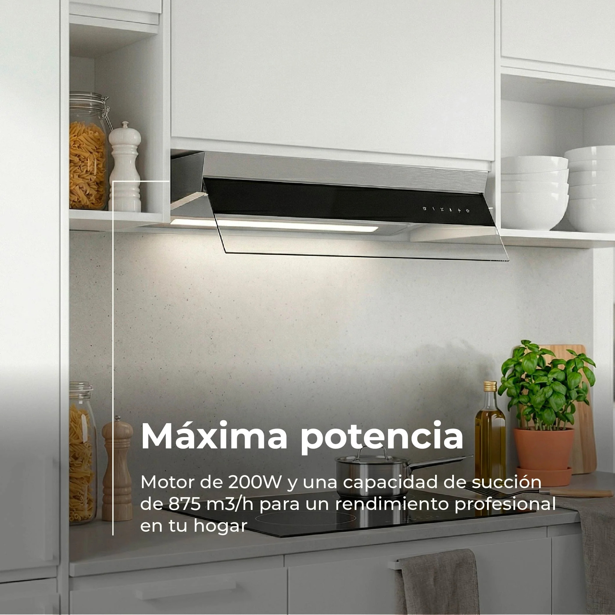 EVVO Campana Extractora Integrada CEi 56 Inox Black, 56 cm, 875 m³/h,Táctil, Clase A+++, Bajo Ruido , LED, Filtros de Aluminio y Carbón