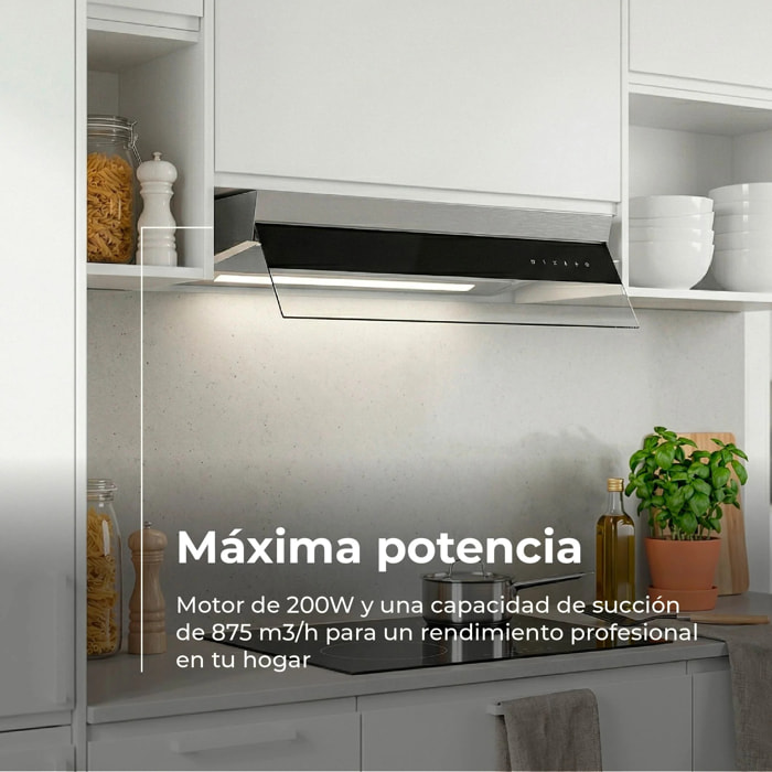 EVVO Campana Extractora Integrada CEi 56 Inox Black, 56 cm, 875 m³/h,Táctil, Clase A+++, Bajo Ruido , LED, Filtros de Aluminio y Carbón