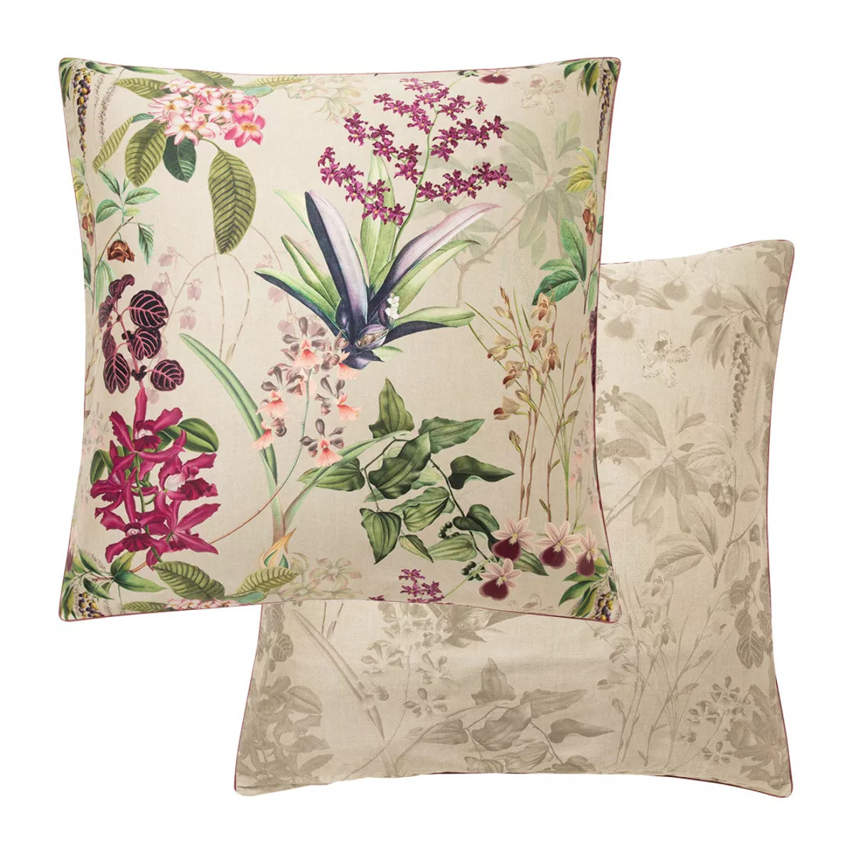 Taie d'oreiller satin de coton imprimé rose beige vert Parfum d'orchidee grege
