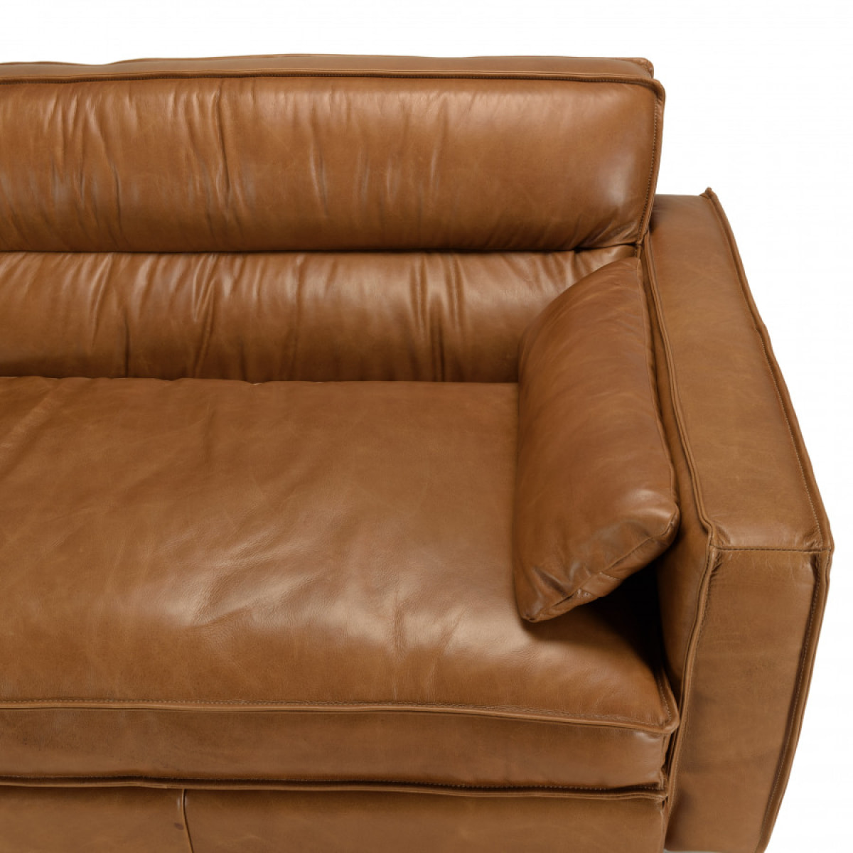 GASTON - Canapé 3 places vintage en cuir marron camel, pieds en bois