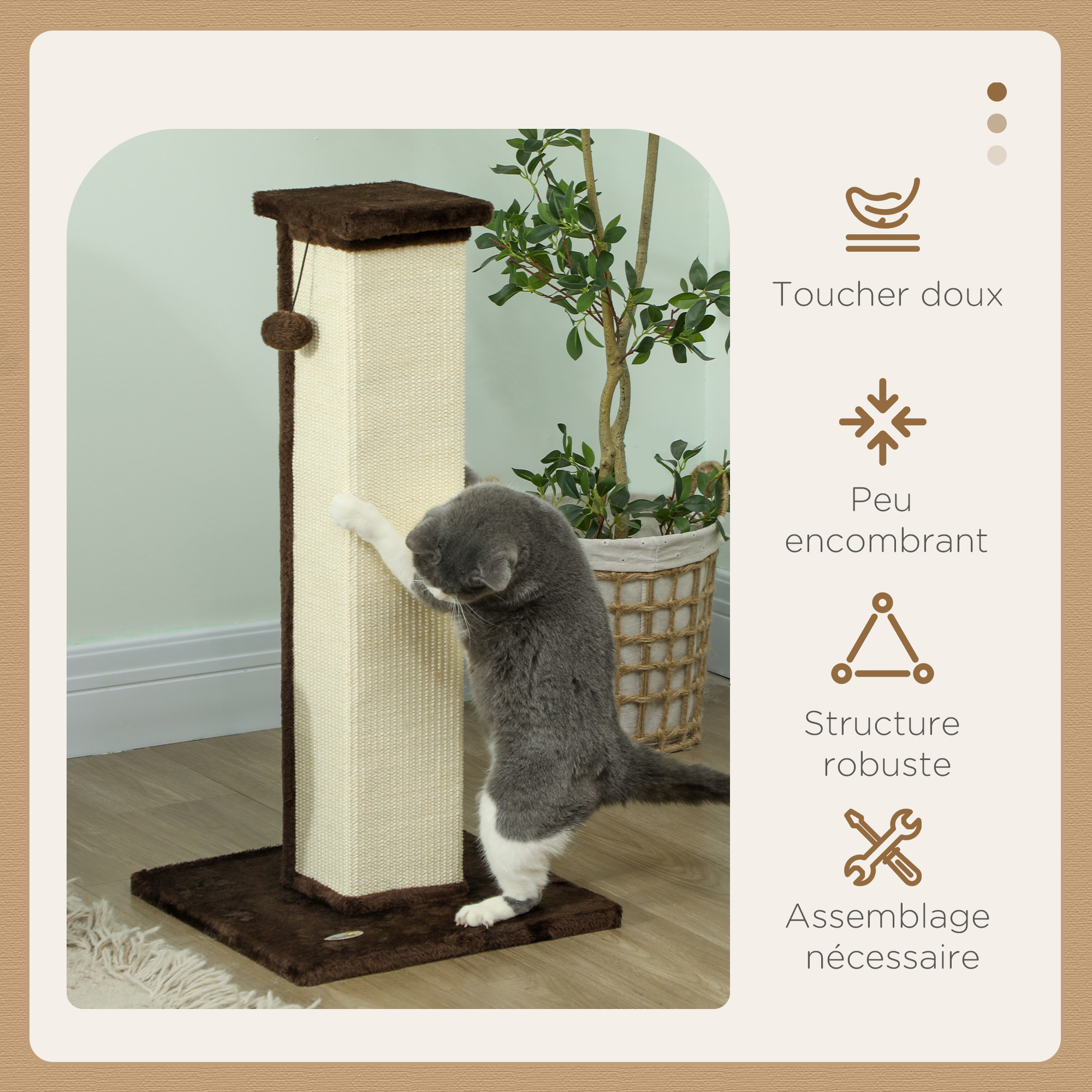 Griffoir tour pour chat H.81 cm - poteau à griffer avec jeu balle suspendue - peluche gris sisal naturel
