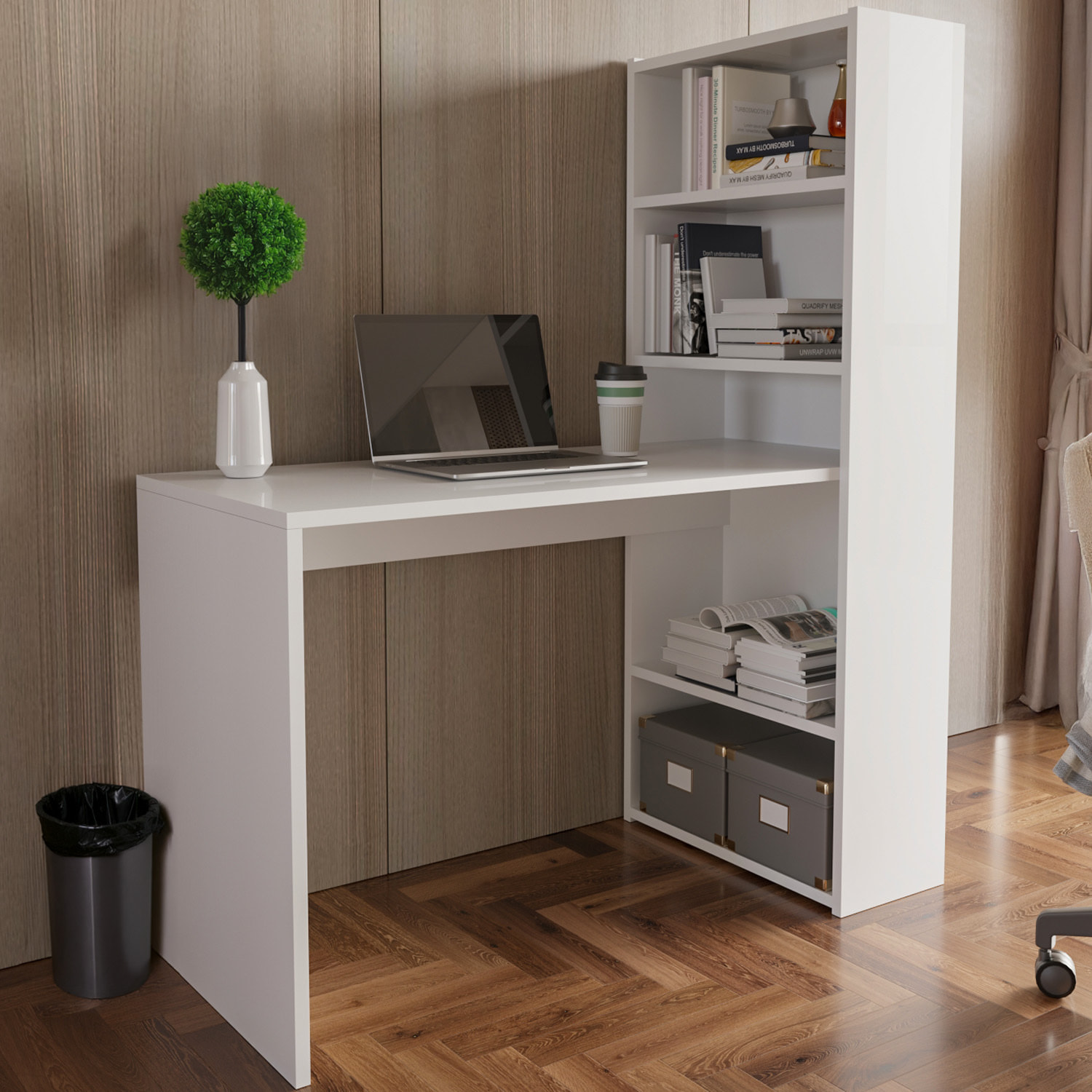 Scrivania Con Libreria Reversibile Salvaspazio Kirkensen Scrittoio Scaffali Laterali Mobile Desk Postazione Pc Studio 120 x 144 x 53 cm Bianco