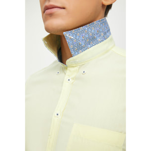 Camicia Uomo 1 Bottone Button Down Manica Corta Slim Cotone Poliestere Oxford Giallo