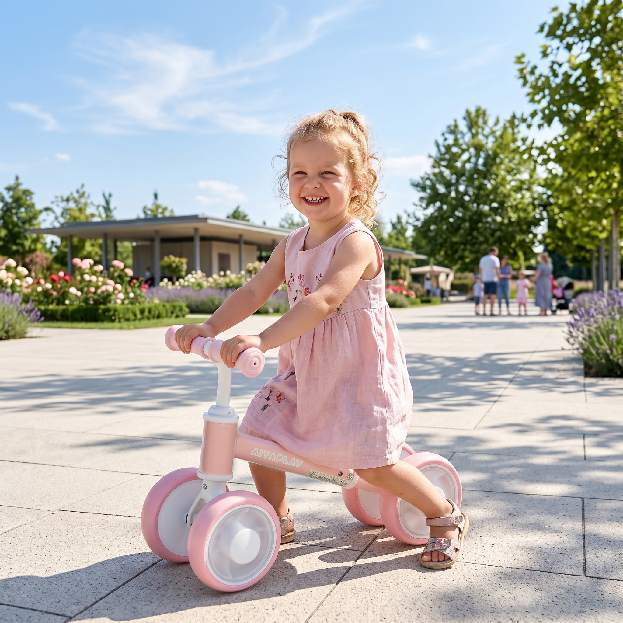 Bicicleta sin Pedales, Bici Correpasillos con Limitado a 135°, Asiento Ajustable en Altura, 4 Ruedas EVA Silenciosas con Luces, Bicicleta de Equilibrio para Niños y Niñas de 1 a 2 Años, Rosa