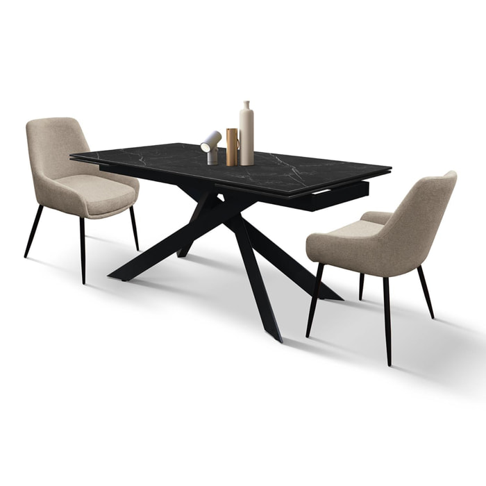 Tavolo CALVI in ceramica, effetto marmo nero e base in metallo verniciato nero, allungabile 160x90 cm-240x90 cm