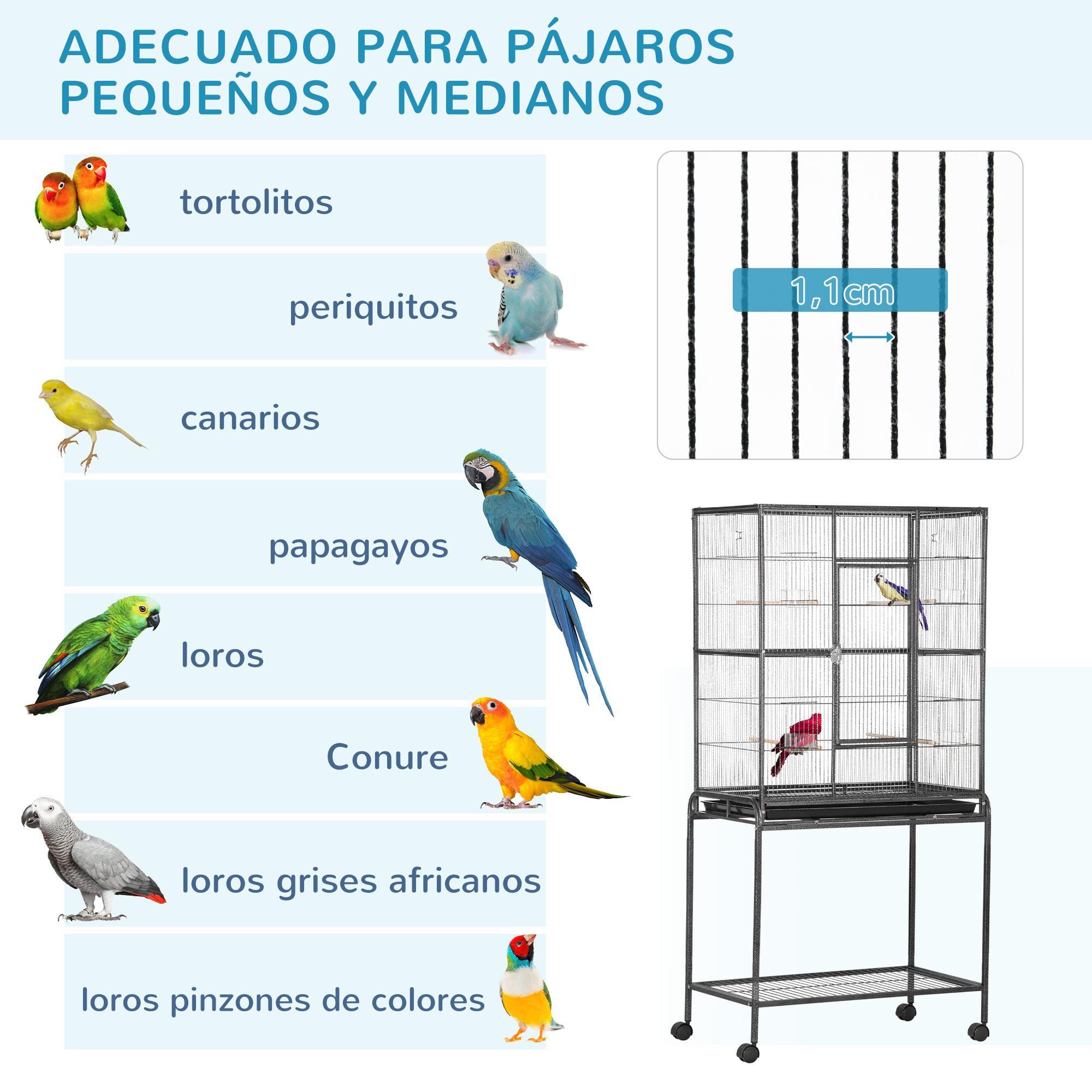 Jaula para Pájaros con Ruedas 81x48x162,5 cm Pajarera Metálico con Bandeja 4 Perchas 4 Comederos y Estante de Almacenamiento para Periquitos Canarios Negro y Gris