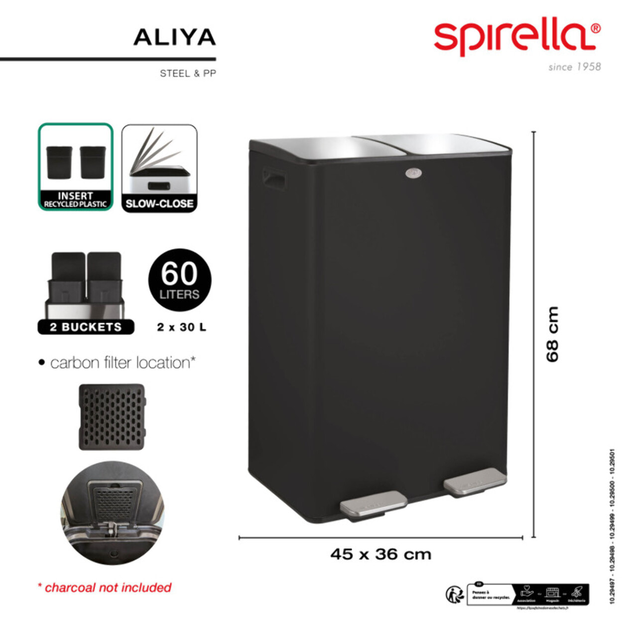 Poubelle tri Sélectif ALIYA 60L (2x30L) Acier Taupe mat Spirella
