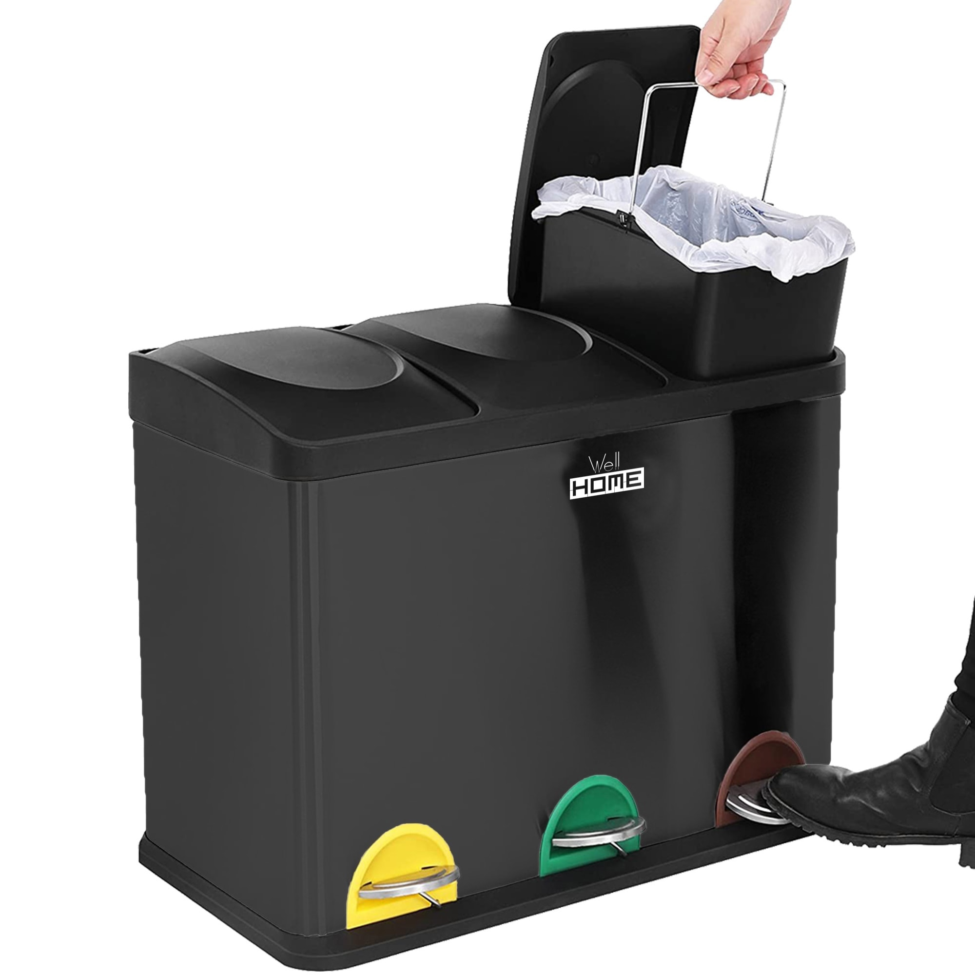 Cubo de reciclaje ecológico 45 litros de 3 compartimentos, reciclaje de basura / cubos de reciclaje, gran capacidad, para papel, vidrio y plástico