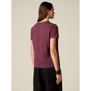 Oltre - T-shirt in cotone con applicazione floreale - Bordeaux