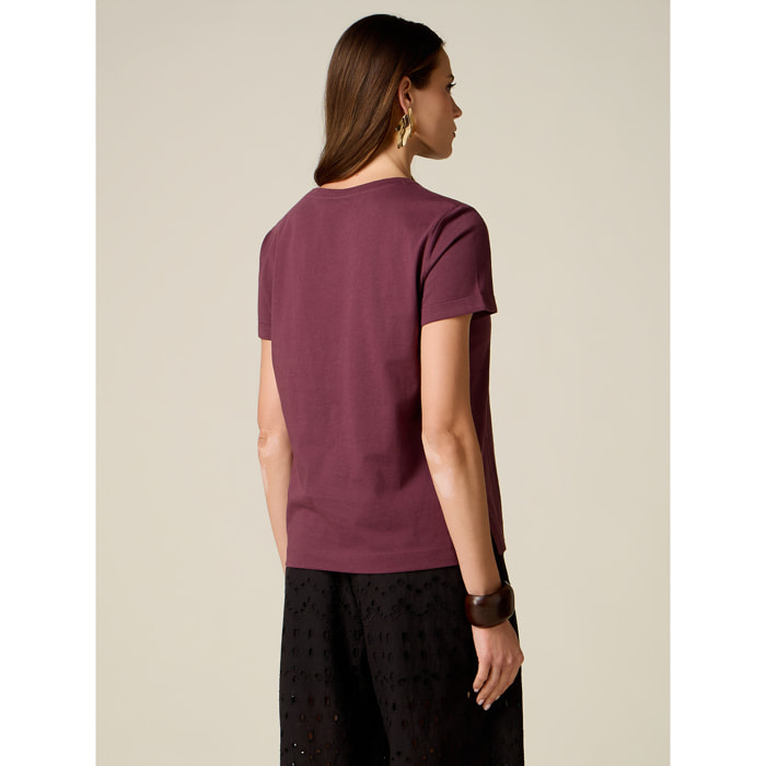 Oltre - T-shirt in cotone con applicazione floreale - Bordeaux