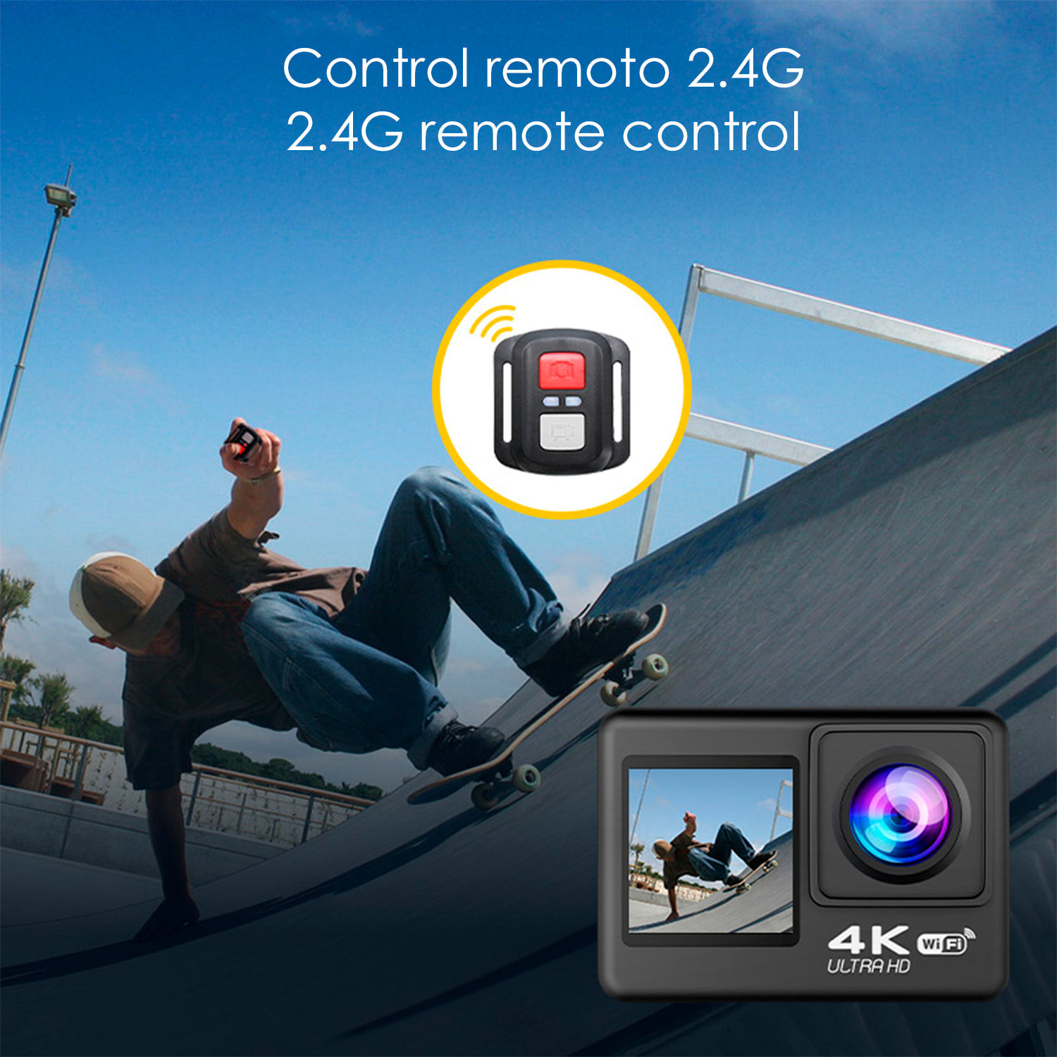 Camera Sportiva AT-S60 TR 4k 60fps con 24 mpx, doppio schermo da 2" e 1.3" con una moltitudine di accessori sportivi e WIFI.