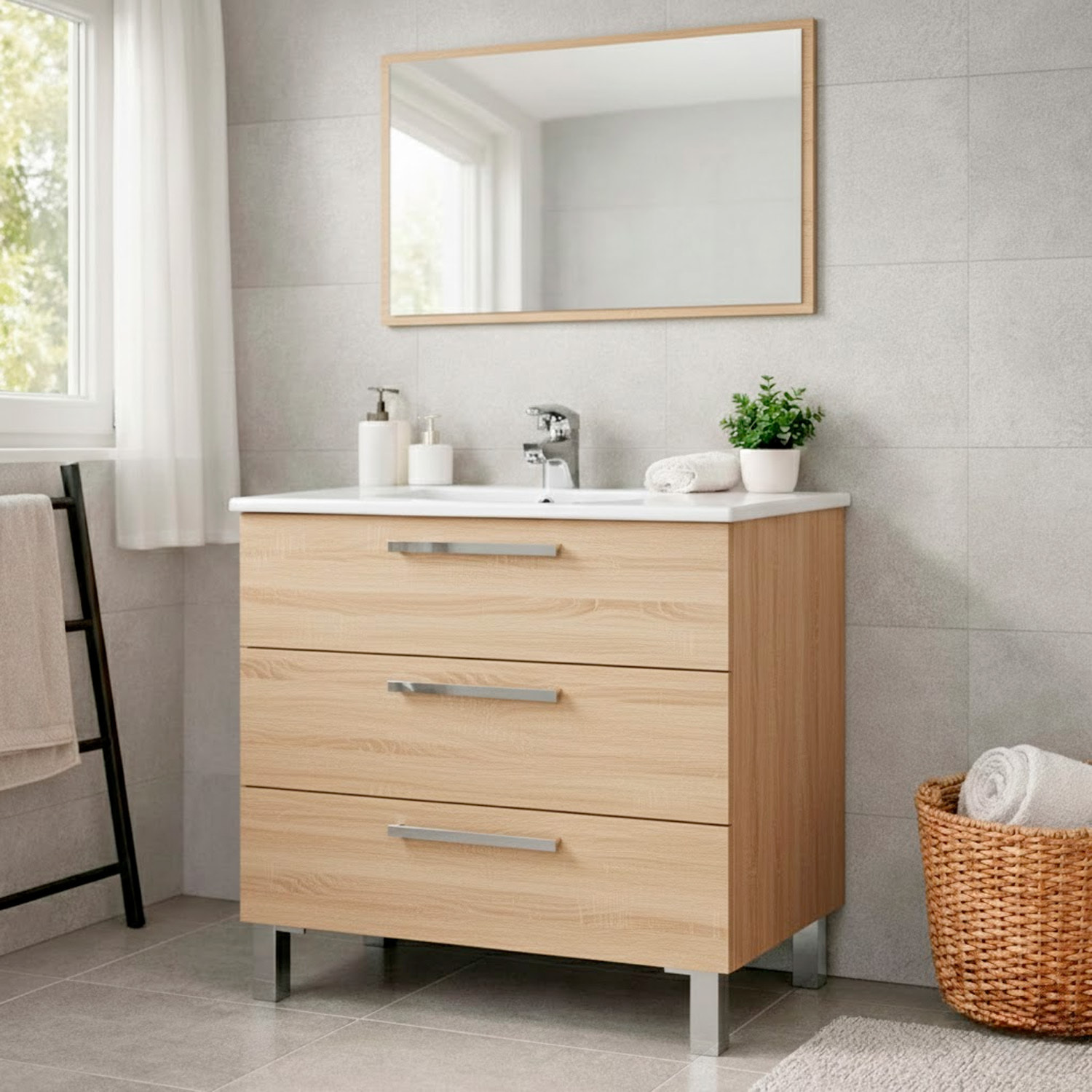 Mobile Bagno A Terra Con 3 Cassetti Lavabo In Ceramica E Specchio 77 x 50 Cm Inclusi Design Moderno Salvaspazio 80 x 45 x 86 Cm Colore Rovere Chiaro