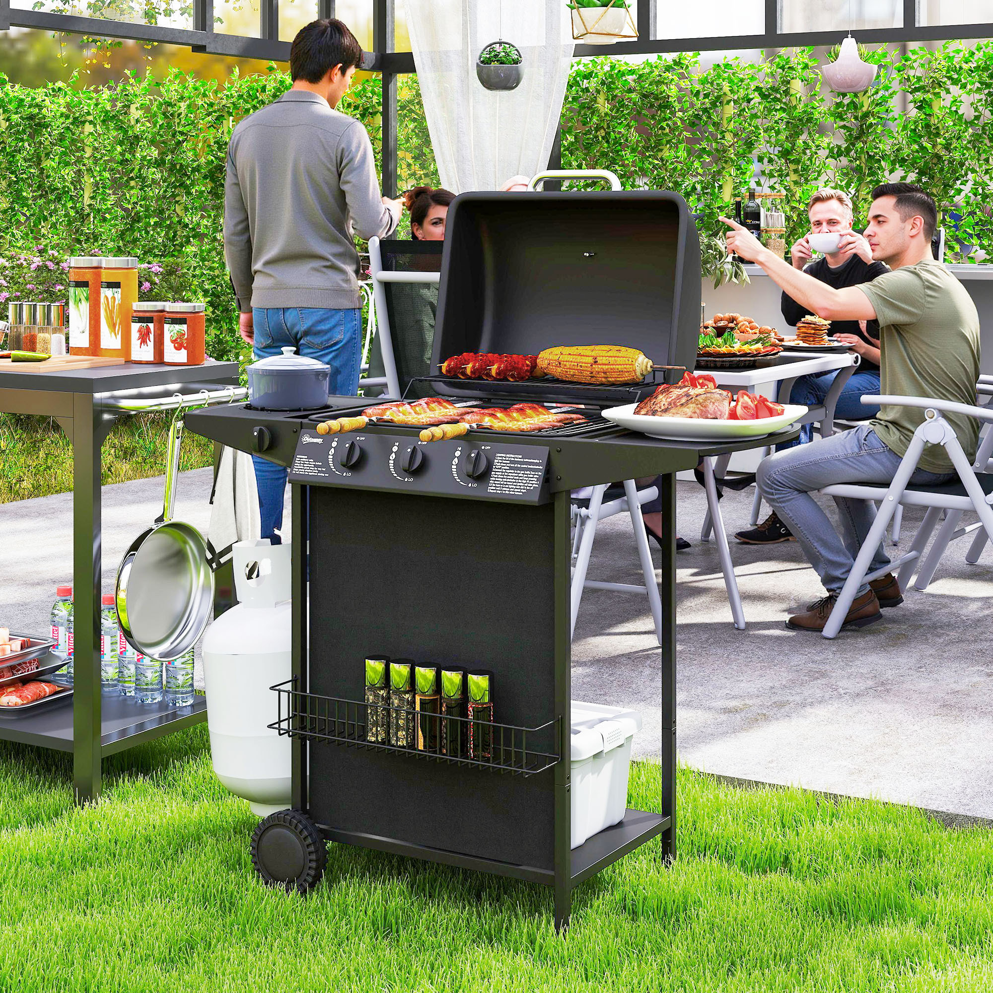 Barbacoa de Gas BBQ Gas con 3+1 Quemadores 9,5 kW Barbacoa Portátil con Termómetro Mesa Lateral Estante Especiero Parrilla Recogedor de Grasa 2 Ruedas para Jardín Exterior Camping Negro