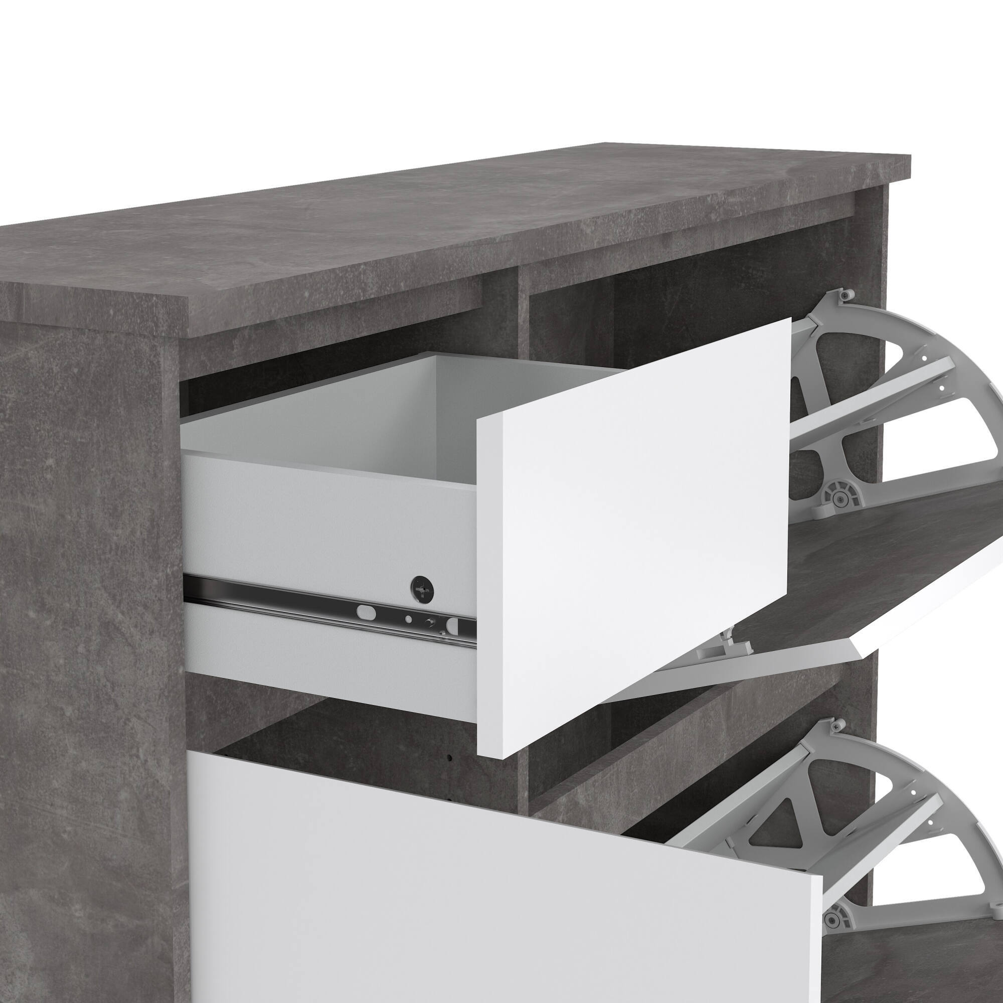 Scarpiera Todd, Mobile portascarpe, Armadio da ingresso multiuso, Mobiletto per calzature, 109x32 h93 cm, Cemento e Bianco lucido