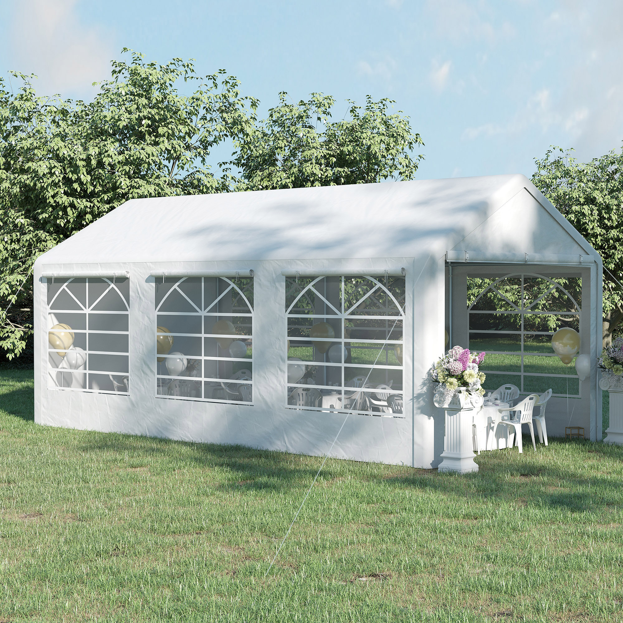Carpa para Fiestas 6x3 m Cenador Pabellón de Jardín con 4 Paneles Laterales 2 Puertas Enrollables y 6 Ventanas Protección UV para Exterior Eventos Bodas Blanco