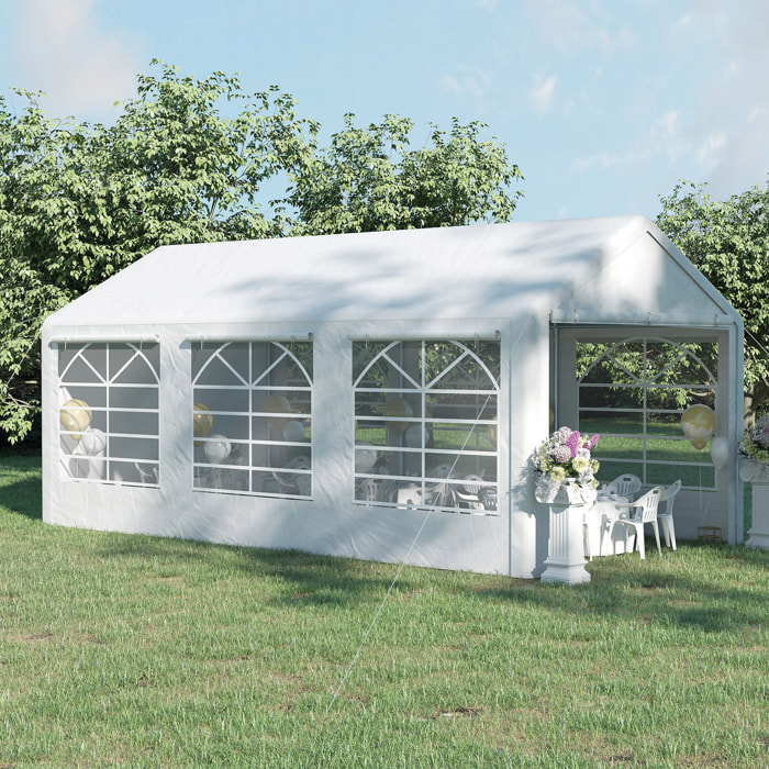 Carpa para Fiestas 6x3 m Cenador Pabellón de Jardín con 4 Paneles Laterales 2 Puertas Enrollables y 6 Ventanas Protección UV para Exterior Eventos Bodas Blanco