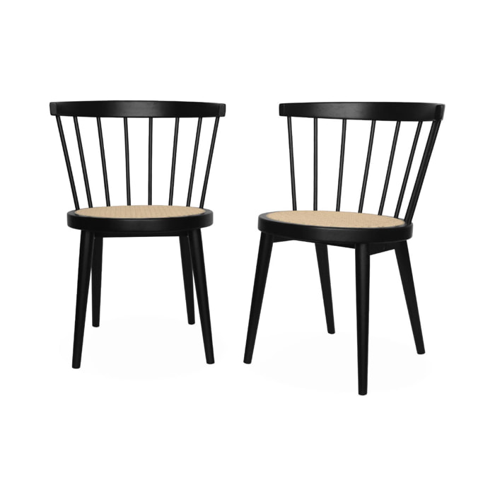 Lot de 2 chaises noires en bois et cannage. Nora. L 54 x P 54 x H 76.5cm