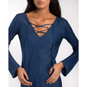 Vestido midi con escote en pico y cordones