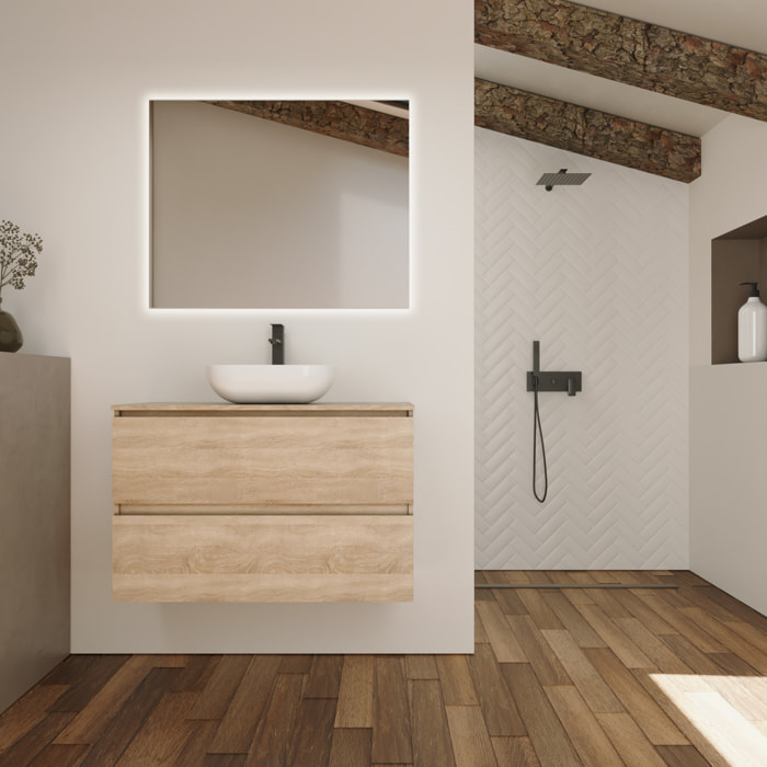 Conjunto de Baño Kaji | Mueble de Baño Suspendido | 100 cm Bardolino| Dos Cajones | Lavabo Ovalado sobre Encimera | No incluye Espejo | Alday