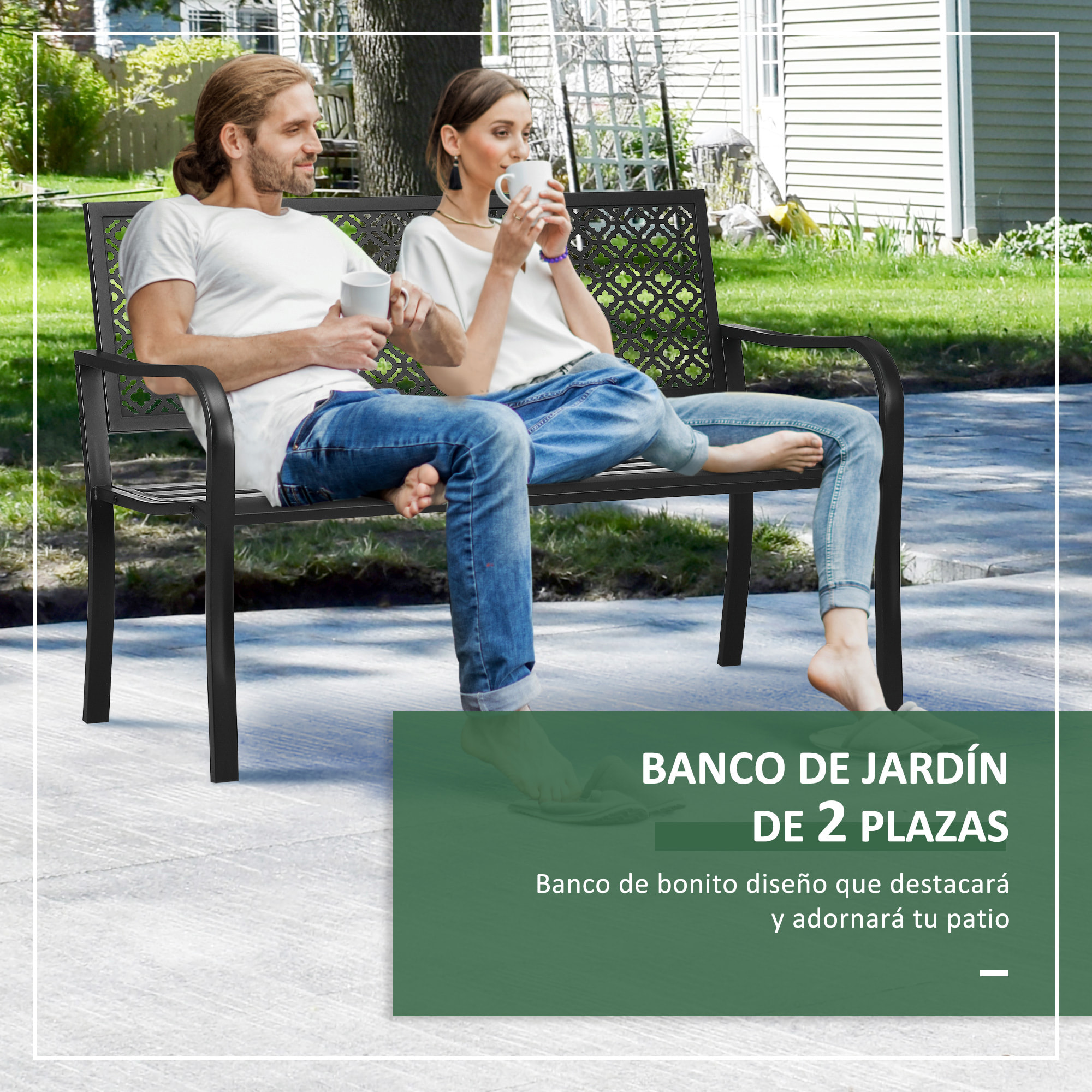 Banco de Jardín de Acero de 2 Plazas con Respaldo Decorativo 127x63x83 cm