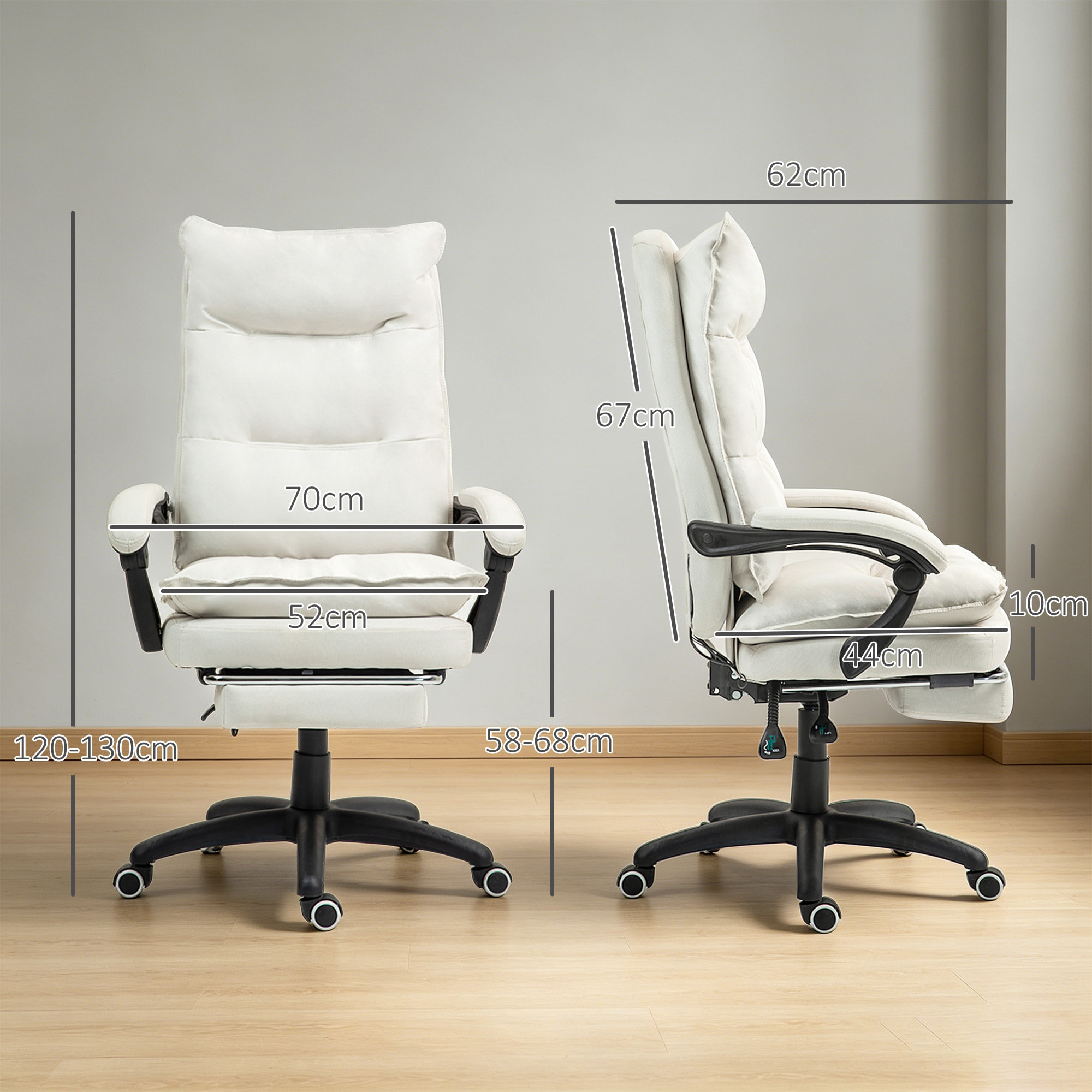 Vinsetto Silla de Oficina Ejecutiva con Masaje, Silla de Escritorio Ergonómica con Altura Ajustable, Respaldo Reclinable, Reposapiés, Mando con Cable, Giratoria 360°, Crema