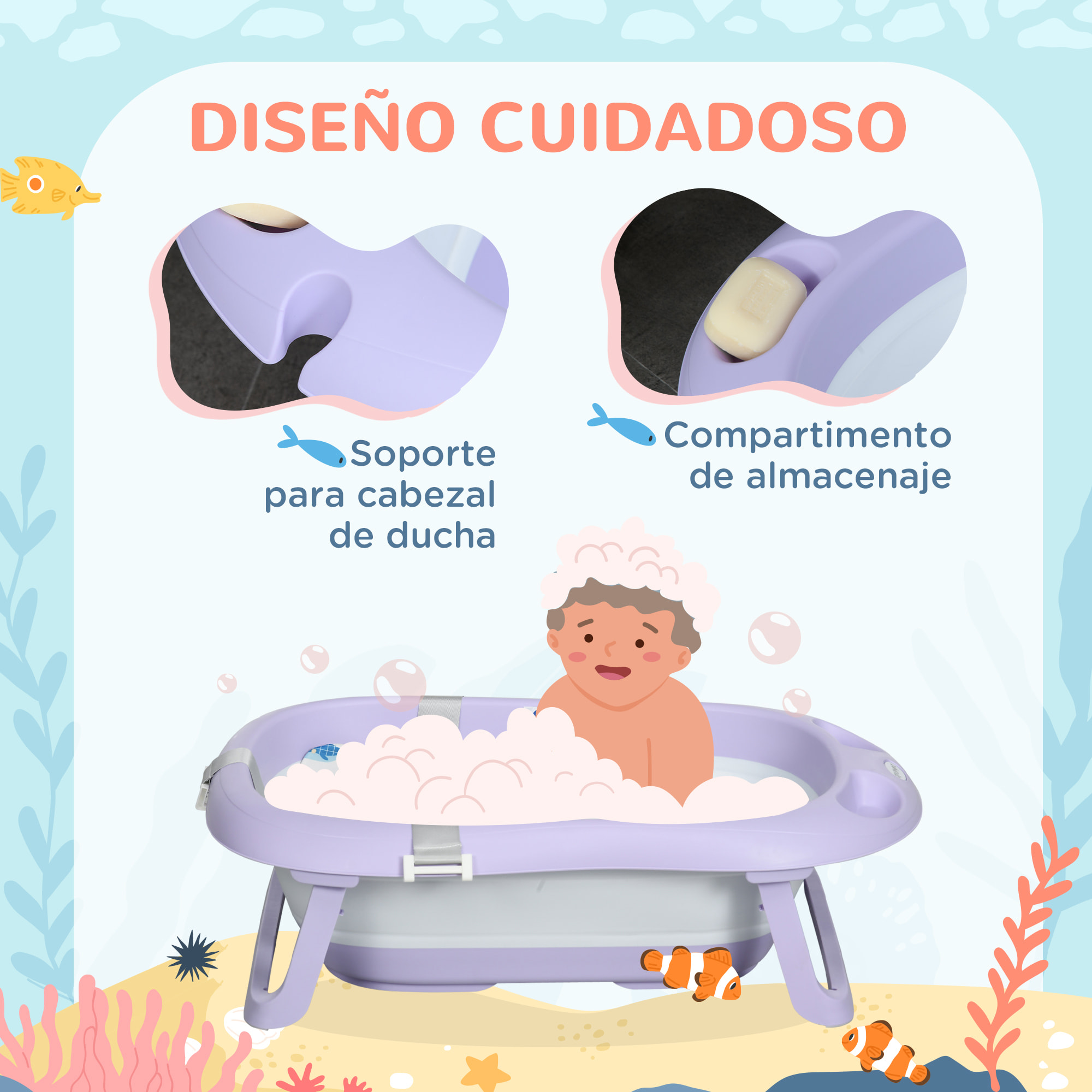 Bañera Plegable Bebé con Cojín Bañera Bebé Recién Nacido hasta 3 Años con Almohadillas Antideslizantes Orificio de Drenaje y Agujero de Ducha 83x48x23,5 cm Púrpura