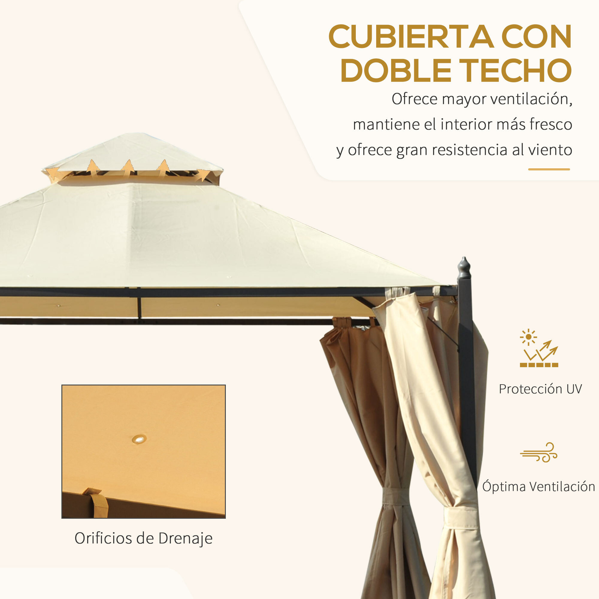 Cenador de Jardín 3x3m Gazebo con Doble Techo 4 Cortinas Laterales Mejor Ventilación Exterior Espacioso para Fiesta Eventos Barbacoa Beige