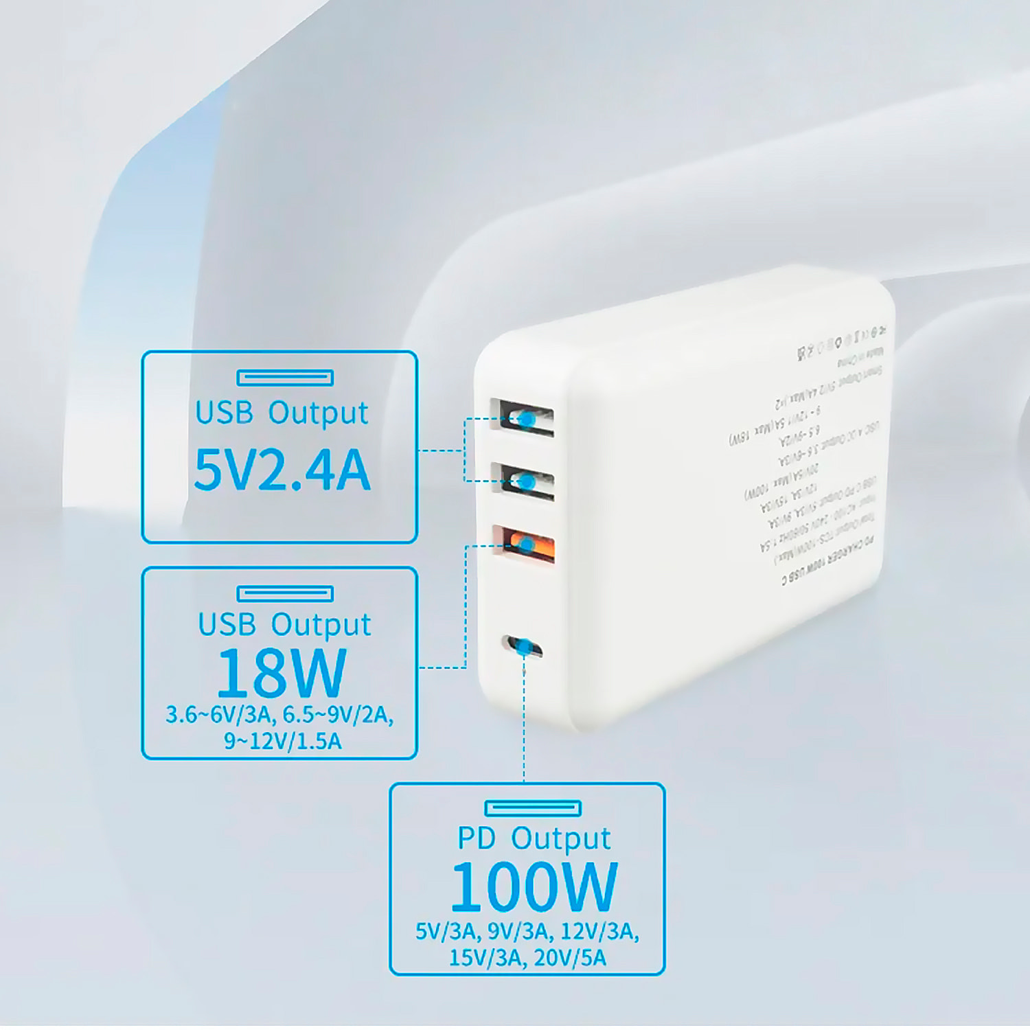 DAM Cargador USB con salida PD100W + QC3.0 18W + doble salida 2.4A 9,5x2,5x6 Cm. Color: Blanco