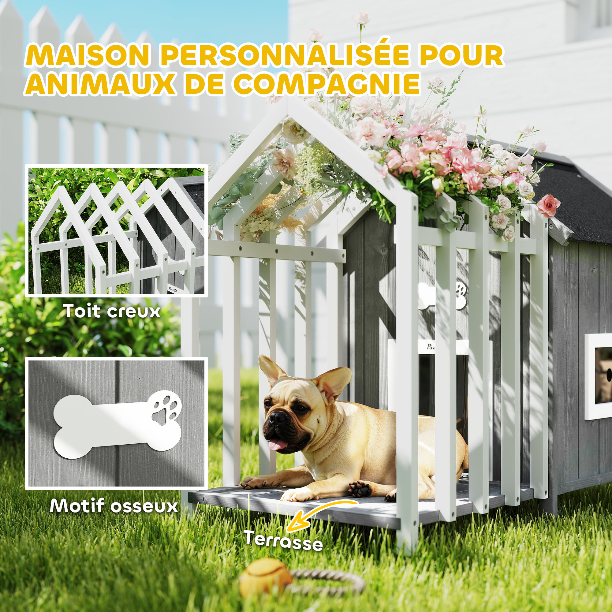 Niche villa pour chien sur pied - terrasse, claustra, auvent, porte, fenêtre, toit bitumé - bois blanc gris