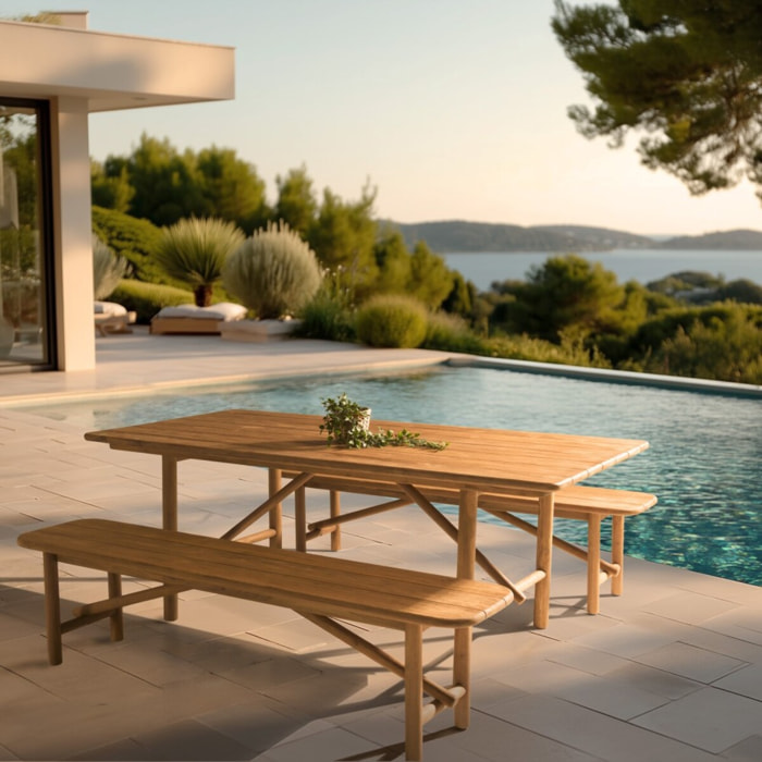 COLINE - Ensemble table et bancs en bois de teck recyclé couleur naturelle