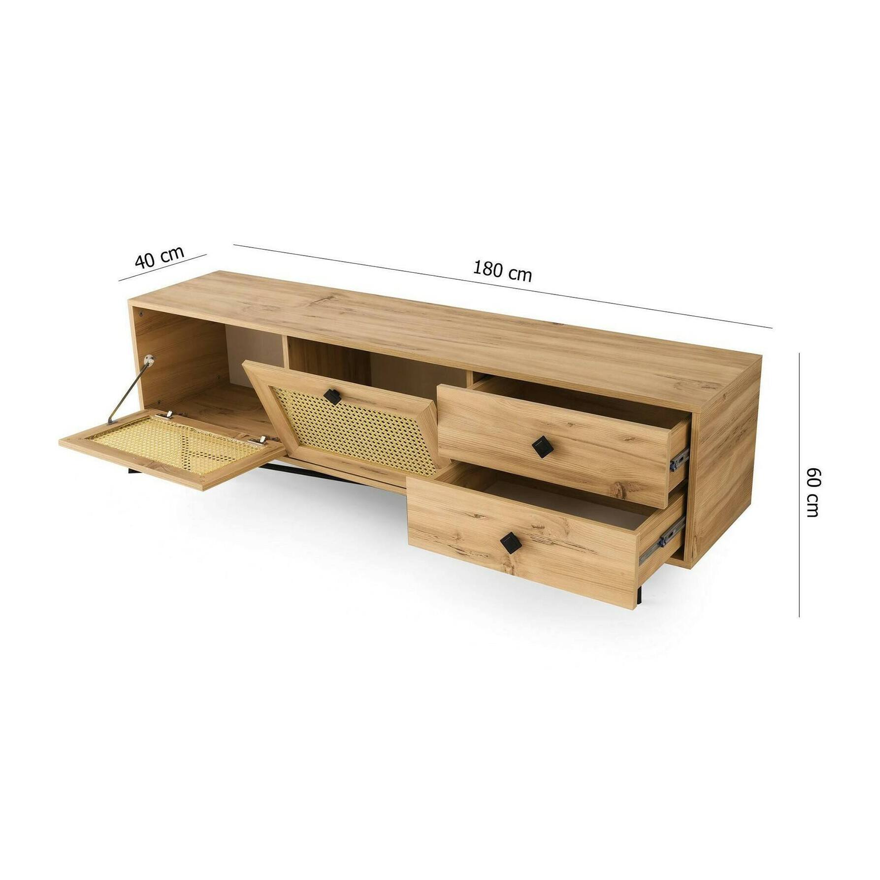 Mobile porta TV Dmarchin, Credenza da soggiorno, Armadio basso per TV, Base parete attrezzata, 180x40h60 cm, Quercia e Nero