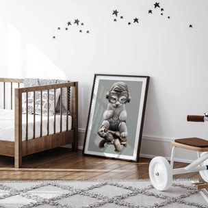 Affiche enfant chat sur une tortue  Affiche + cadre en bois - Noir