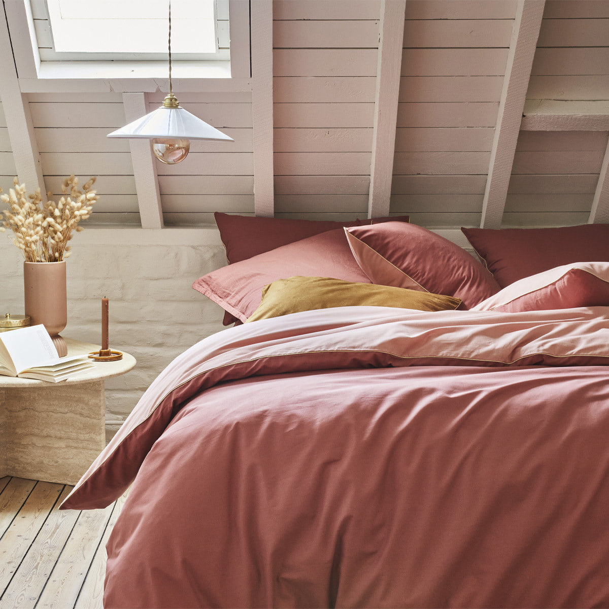 Housse de couette bicolore en coton, BONS JOURS ETINCELLE, Rose Indien/Rose Solaire