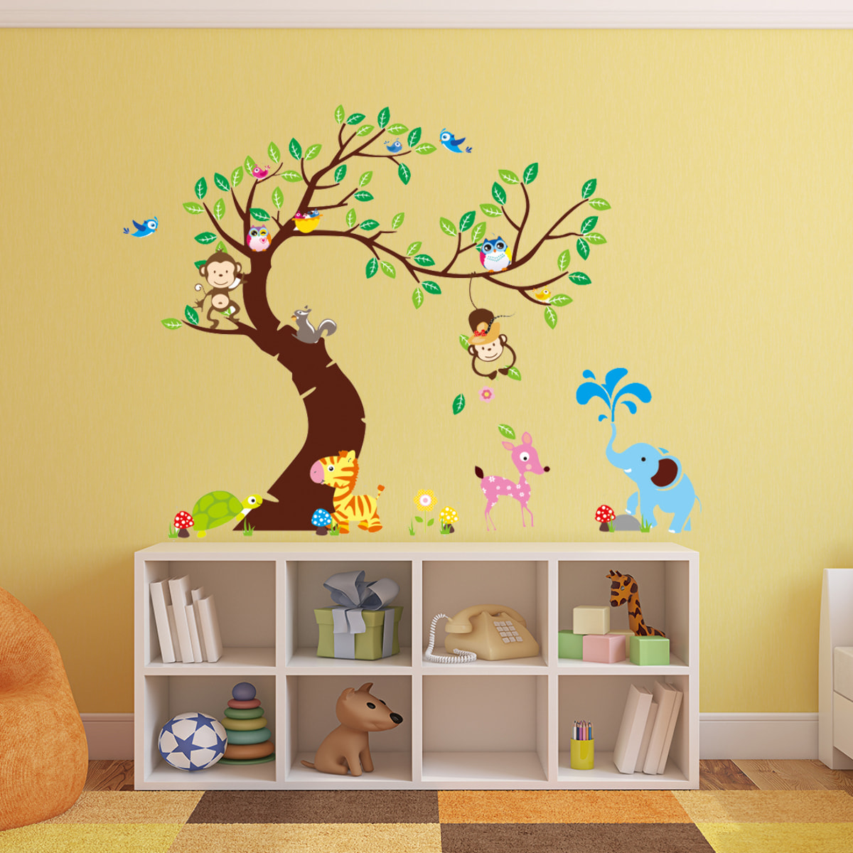 Stickers Muraux décoration adhésifs géant pour enfant - arbre, singes et éléphant