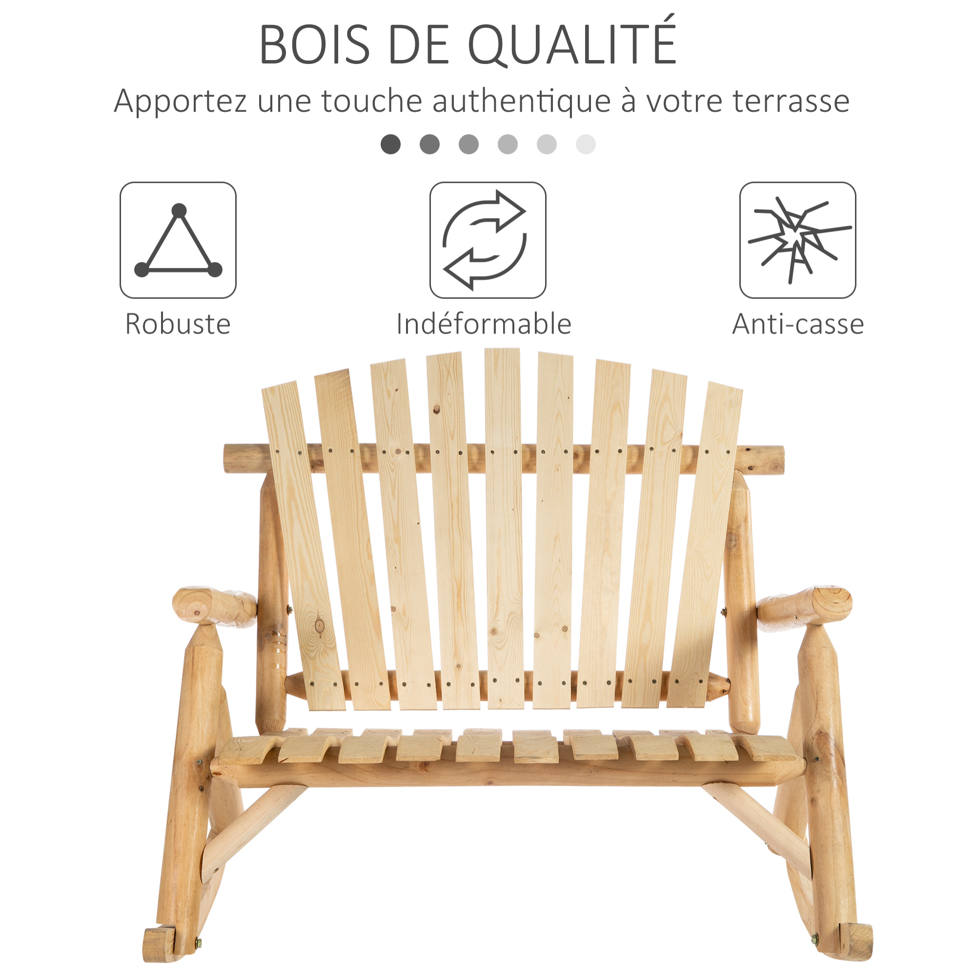 Fauteuil de jardin Adirondack à bascule 2 places rocking chair style néo-rétro assise dossier ergonomique bois naturel de pin