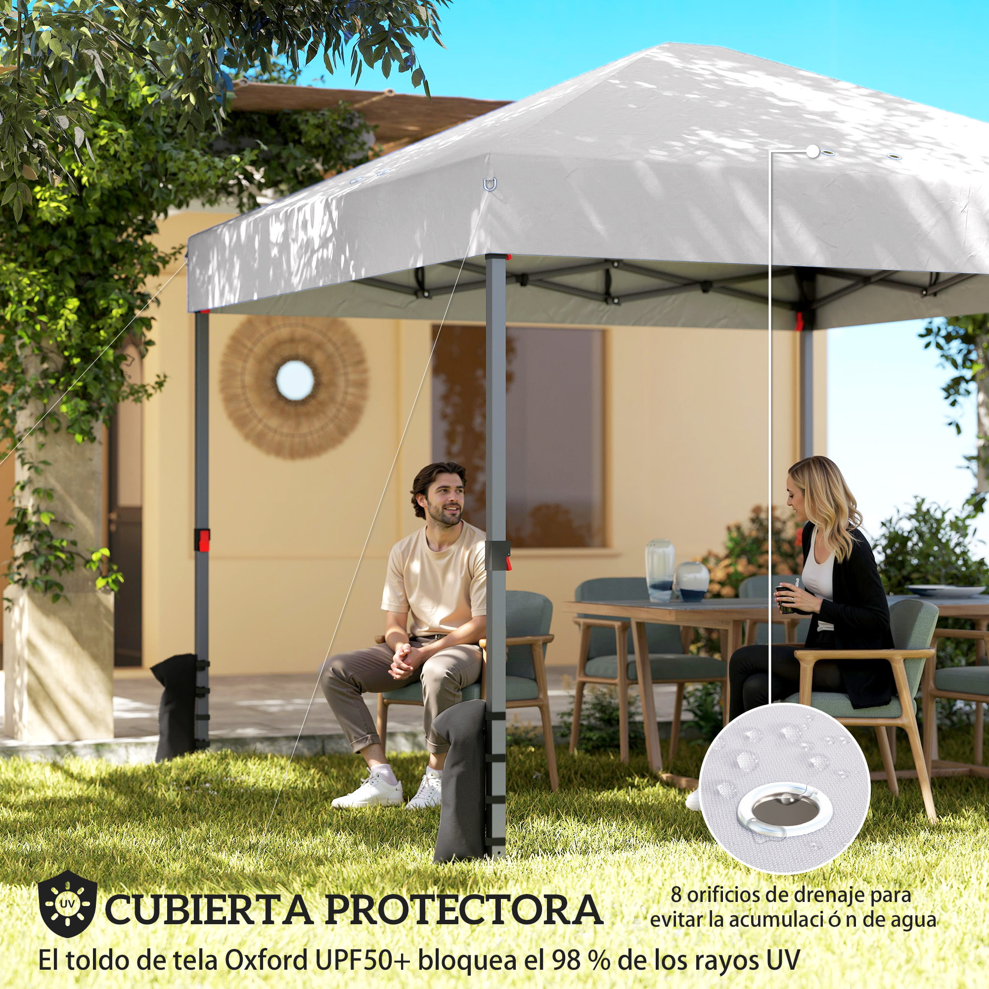 Carpa Plegable 3x3 m, Pop-up, Cenador Pabellón de Jardín con 3 Paredes Laterales, 2 Ventanas Malla, UPF50+, Altura Ajustable 3 Niveles, Bolsa Transporte, Sacos Arena, Gazebo Exterior, Blanco