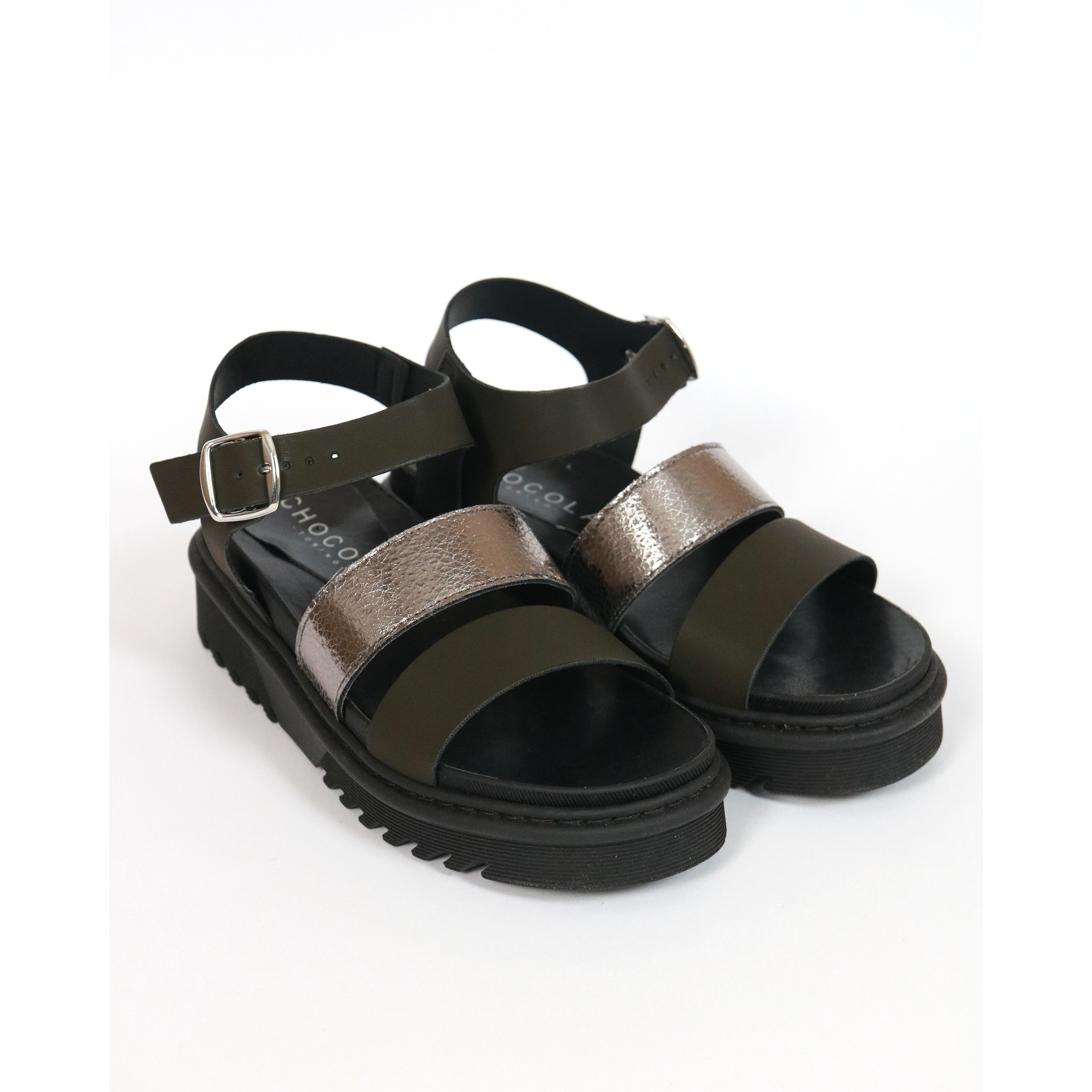 SANDALO FLATFORM TRE FASCE CHOCOLA' NERO