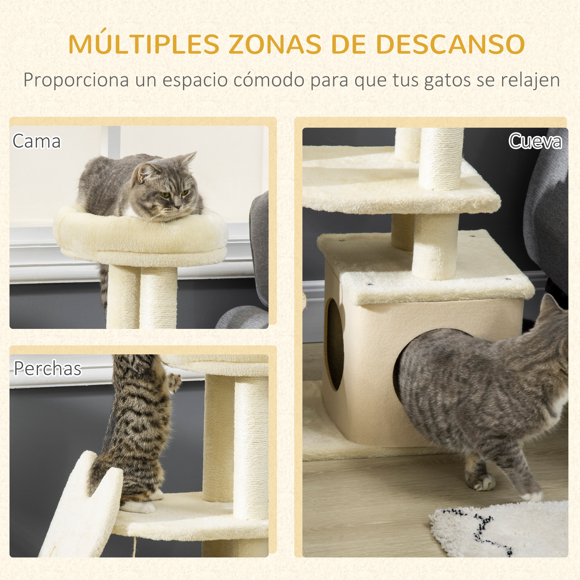 Árbol Rascador para Gatos Altura 83 cm con Cama Cueva Plataforma Bola Colgante