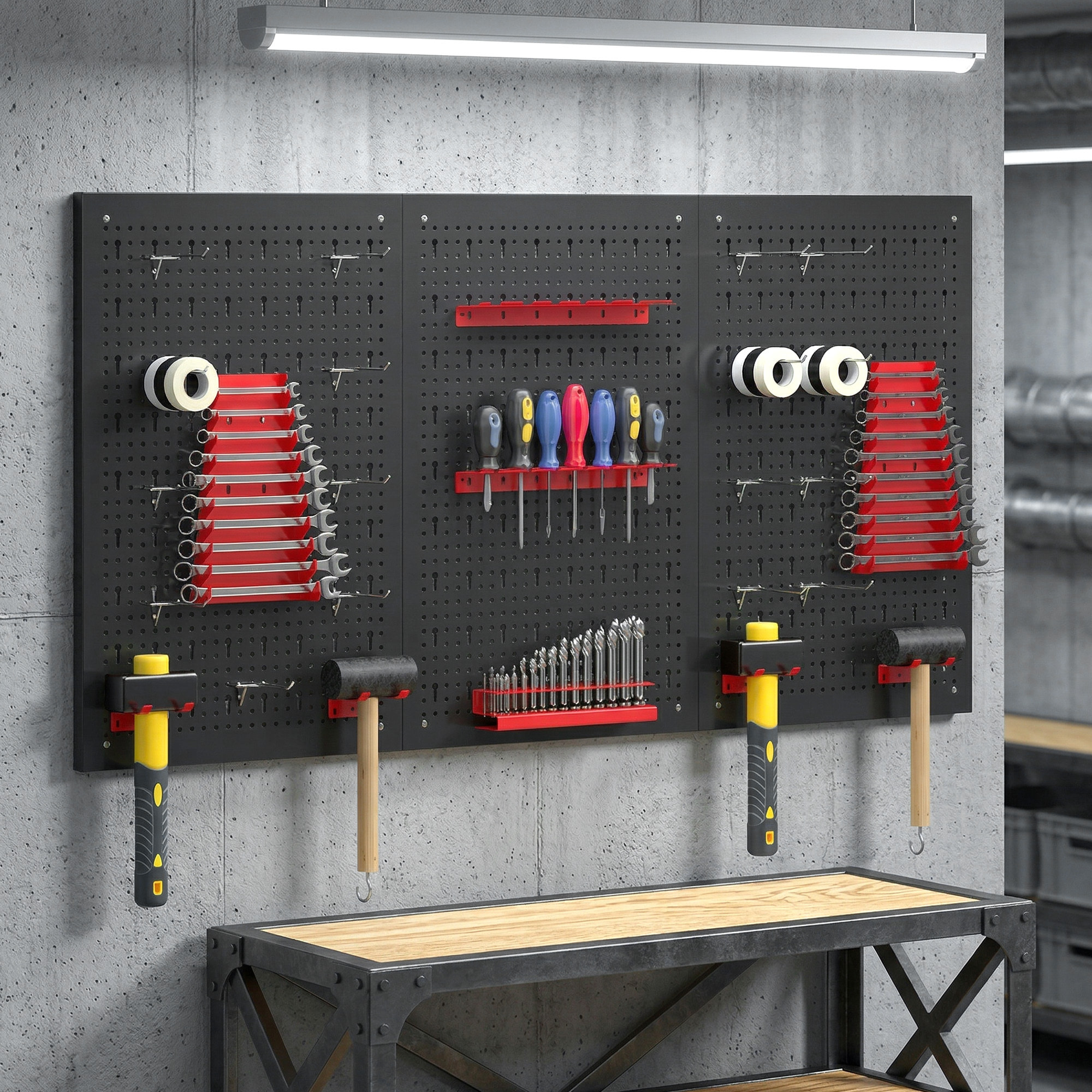 3 Paneles de Herramientas de Pared, 28 Piezas, cada panel 60x40 cm, Organizador de Herramientas de Pared con Ganchos y Estantes, para Garajes y Bricolaje, Negro y Rojo