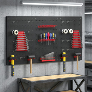 3 Paneles de Herramientas de Pared, 28 Piezas, cada panel 60x40 cm, Organizador de Herramientas de Pared con Ganchos y Estantes, para Garajes y Bricolaje, Negro y Rojo