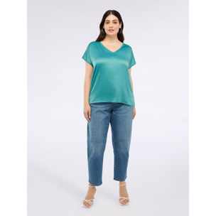 Fiorella Rubino - T-shirt bimaterica con scollo a V - Ottanio