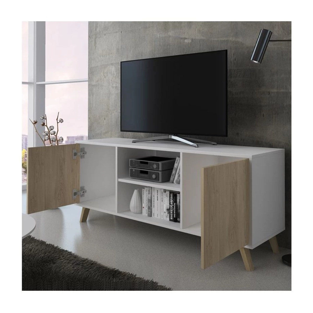 Mueble TV de 2 puertas y 2 estantes en blanco y puccini 136,8 cm Wind Blanco - Puccini